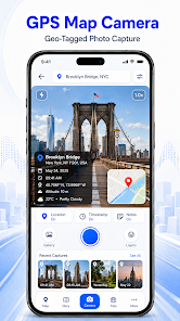 GPS Map Camera screen with a geo-tagged travel photo