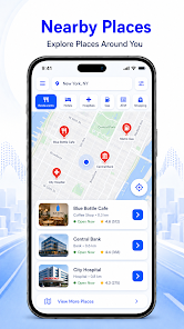 Nearby Places screen showing locations around the user